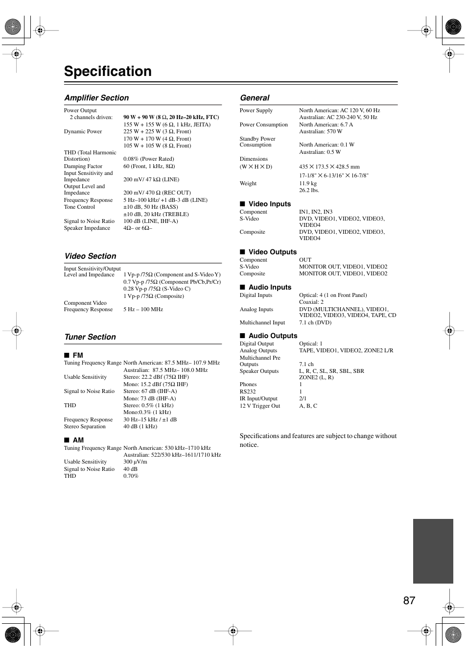 Specification | Integra DTR-5.6 User Manual | Page 87 / 88