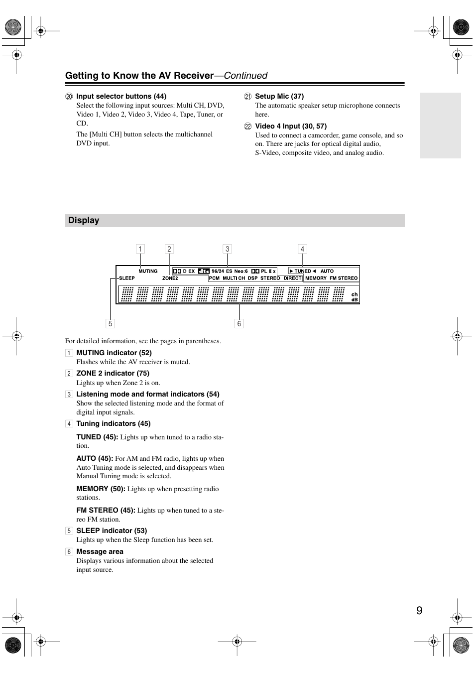 Getting to know the av receiver —continued | Integra DTR-5.6 User Manual | Page 9 / 88
