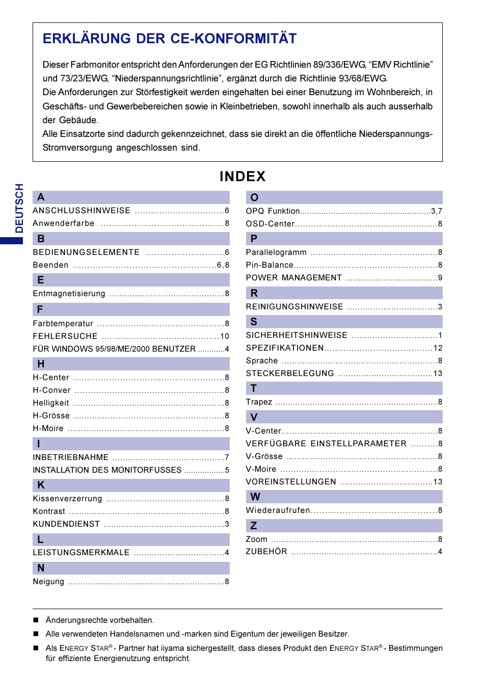 Erklärung der ce-konformität, Index, Deutsch | Iiyama LM704UT User Manual | Page 19 / 93