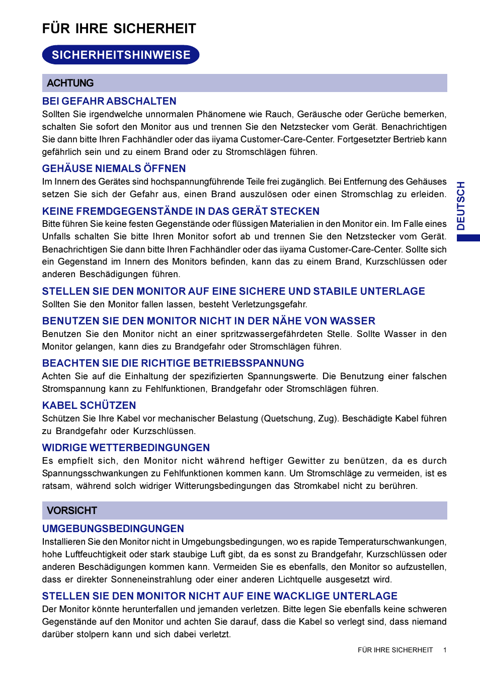 Für ihre sicherheit | Iiyama LM704UT User Manual | Page 20 / 93