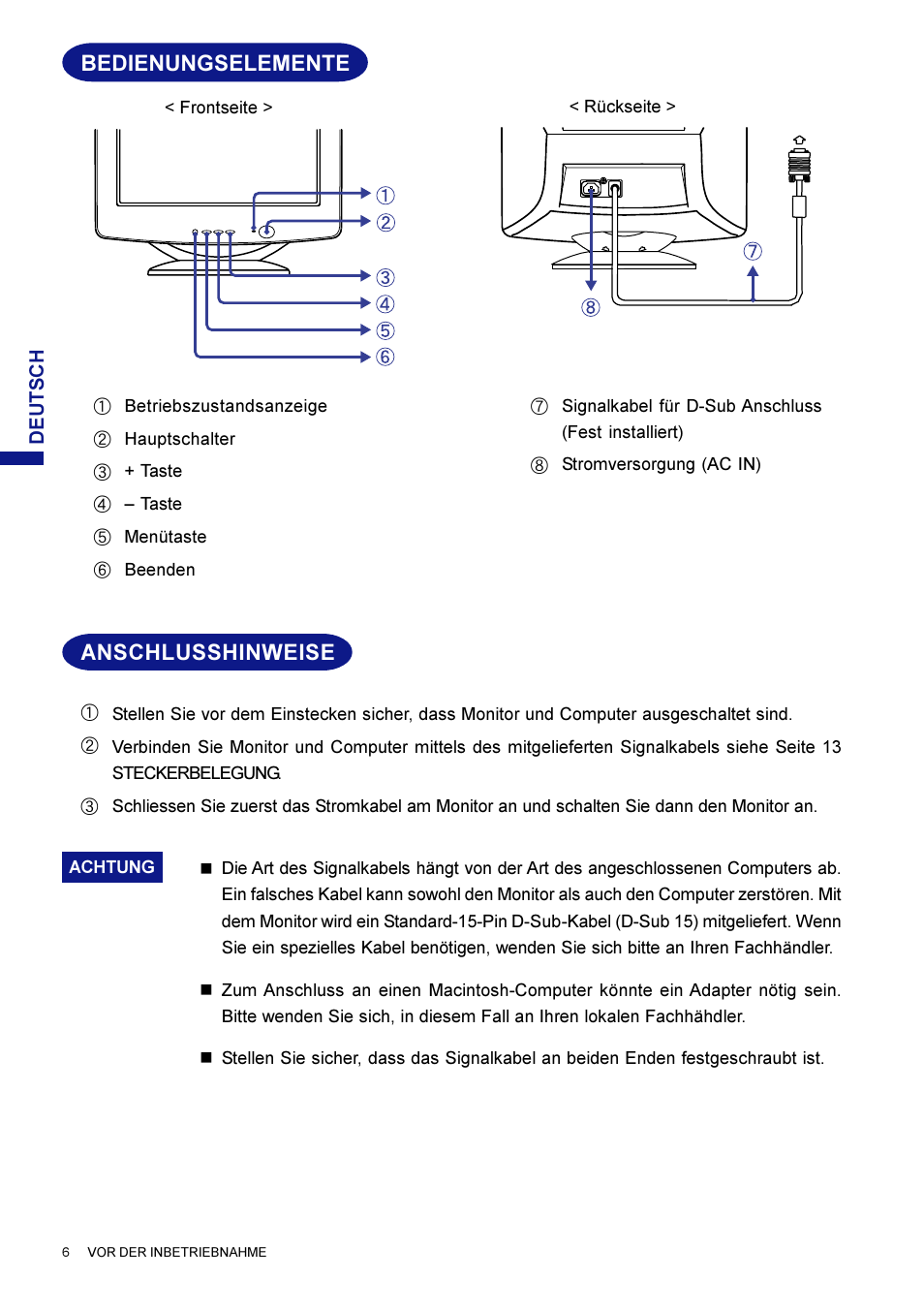 Anschlusshinweise, Bedienungselemente | Iiyama LM704UT User Manual | Page 25 / 93