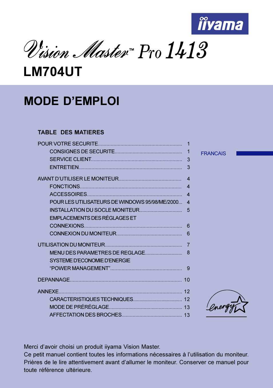 Lm704ut, Mode d’emploi | Iiyama LM704UT User Manual | Page 33 / 93