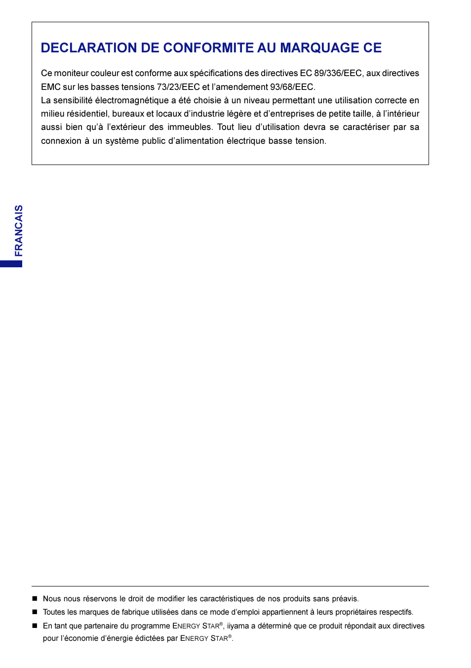 Declaration de conformite au marquage ce, Francais | Iiyama LM704UT User Manual | Page 34 / 93