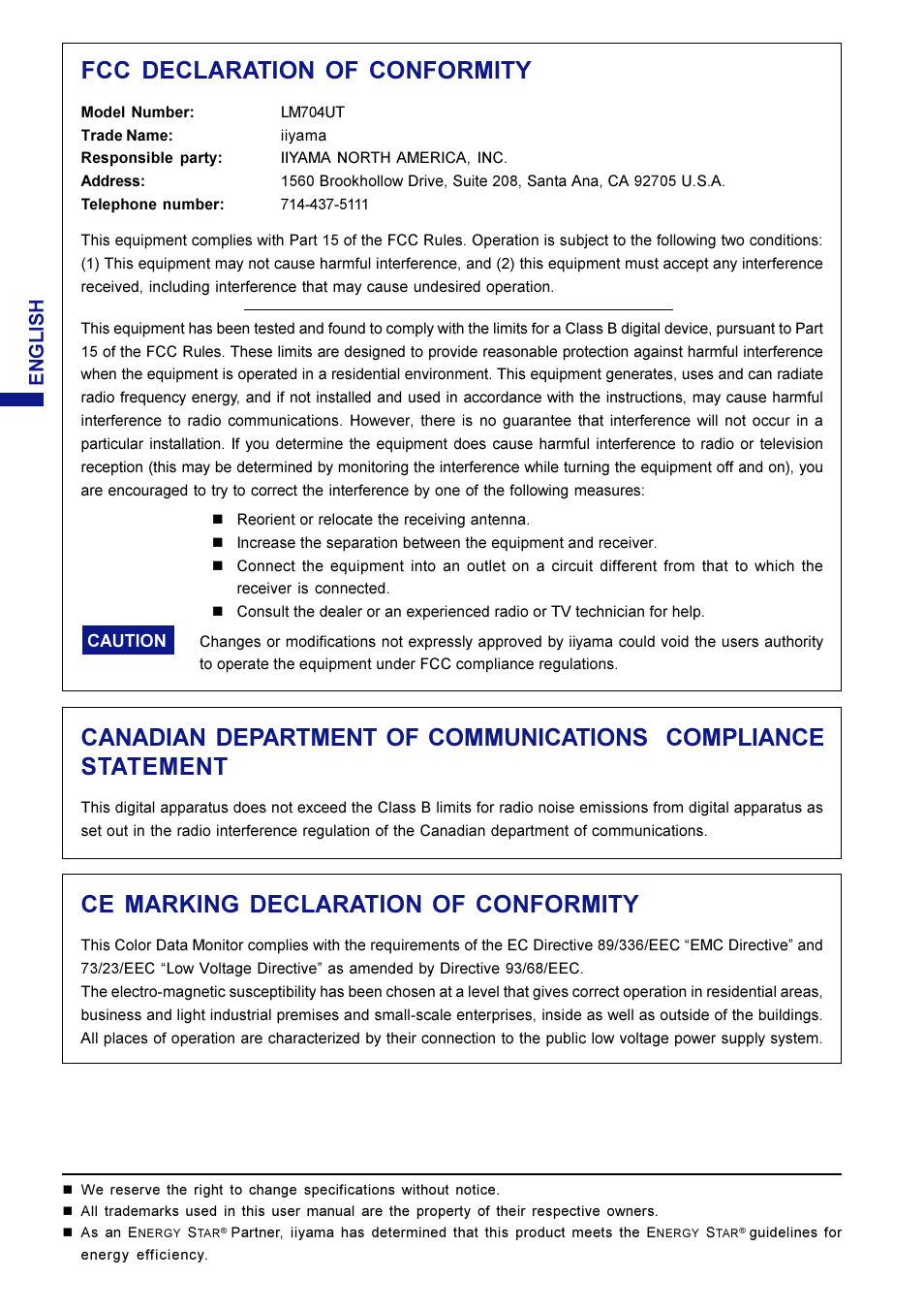 Fcc declaration of conformity, Ce marking declaration of conformity, English | Iiyama LM704UT User Manual | Page 4 / 93