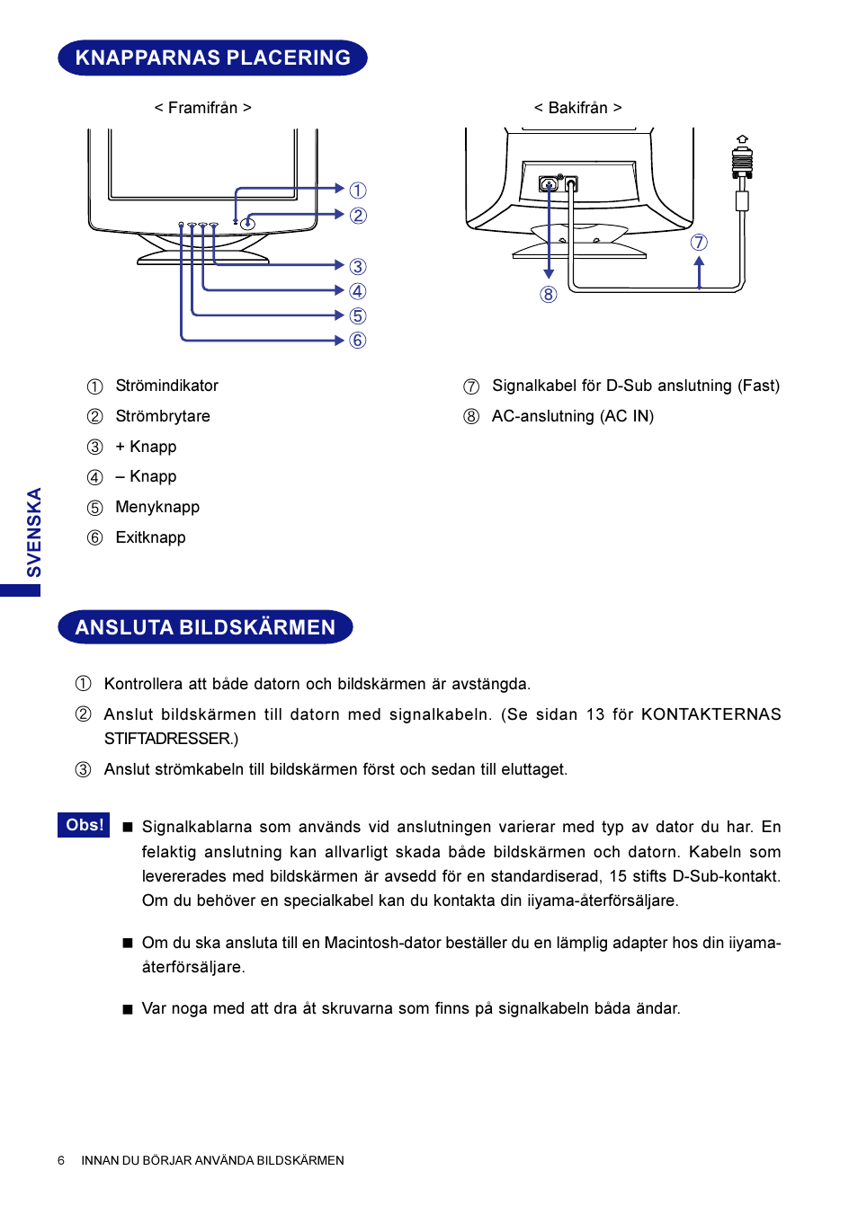 Ansluta bildskärmen, Knapparnas placering | Iiyama LM704UT User Manual | Page 70 / 93