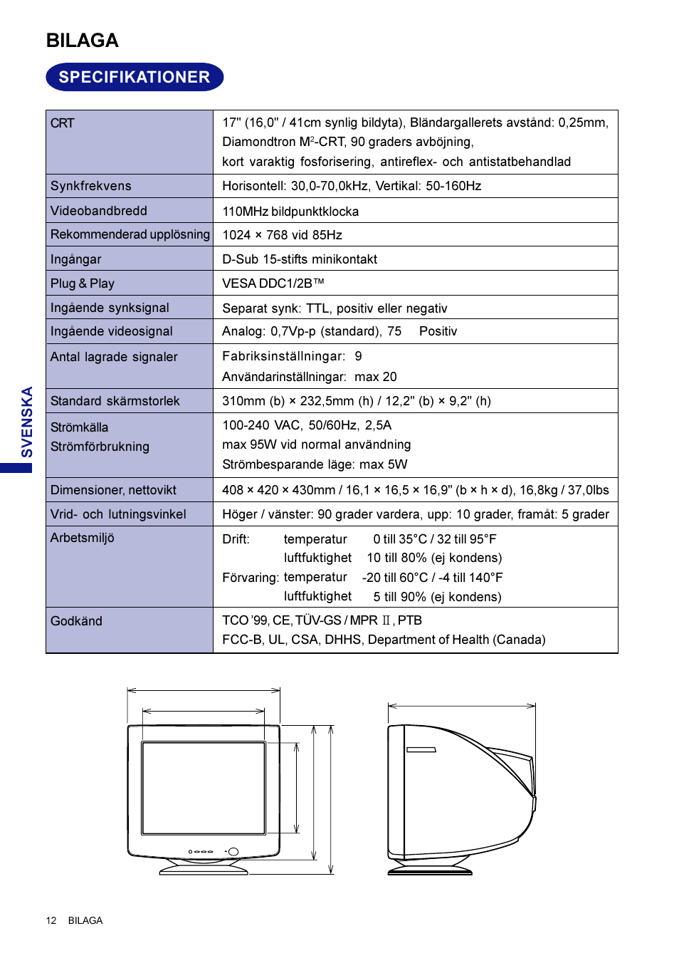 Bilaga, Specifikationer | Iiyama LM704UT User Manual | Page 76 / 93