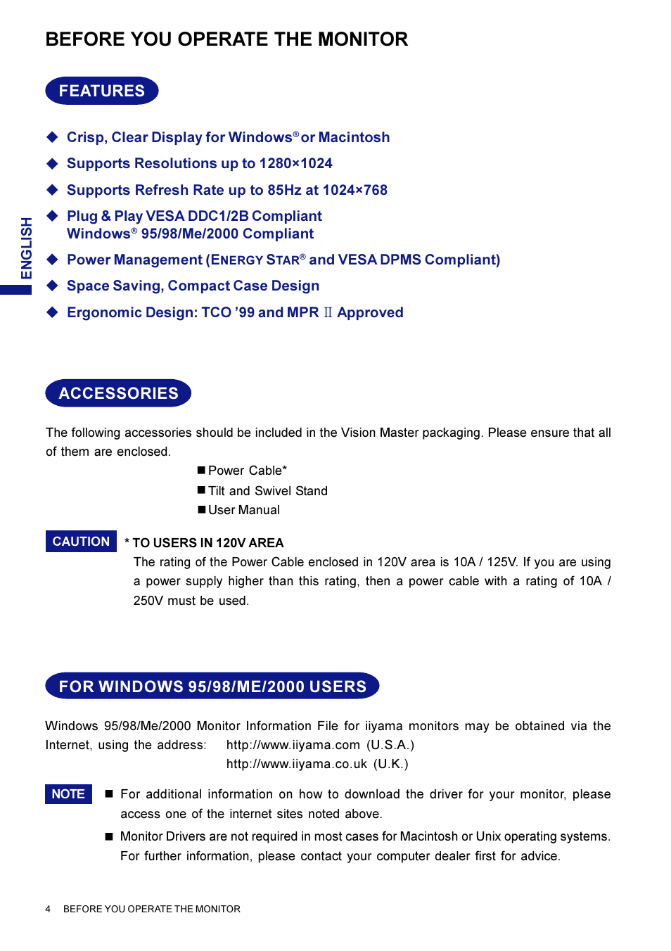 Before you operate the monitor | Iiyama LM704UT User Manual | Page 8 / 93