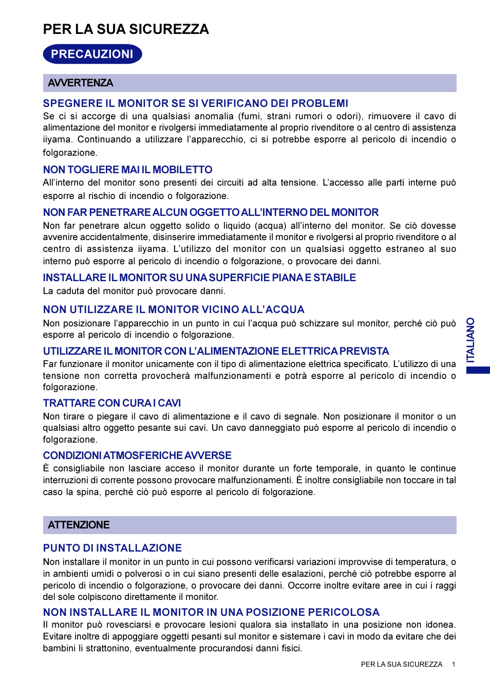 Per la sua sicurezza | Iiyama LM704UT User Manual | Page 80 / 93