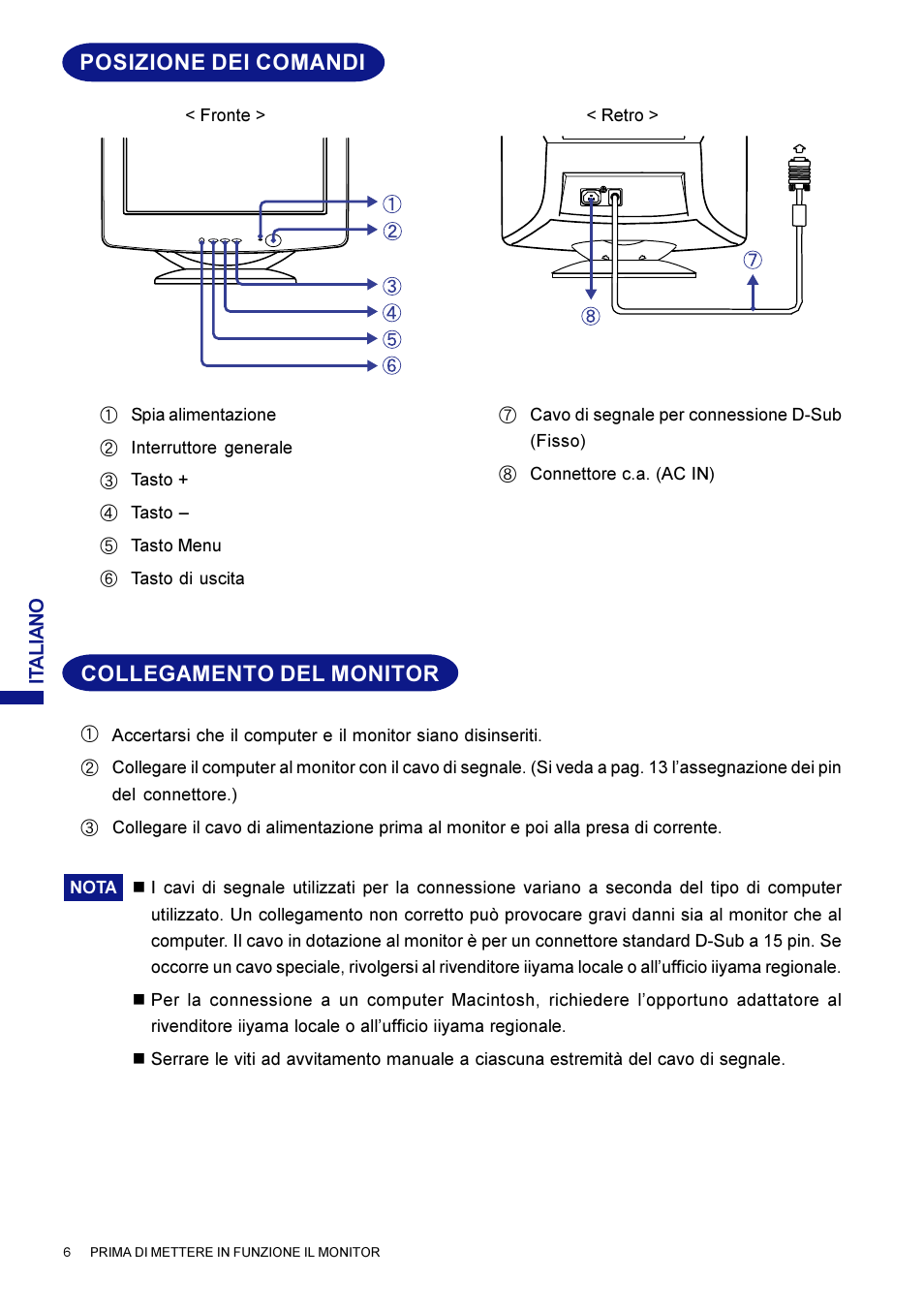 Collegamento del monitor posizione dei comandi | Iiyama LM704UT User Manual | Page 85 / 93