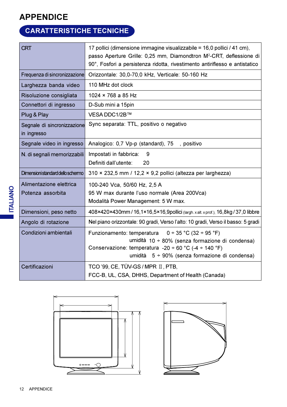 Appendice, Caratteristiche tecniche | Iiyama LM704UT User Manual | Page 91 / 93