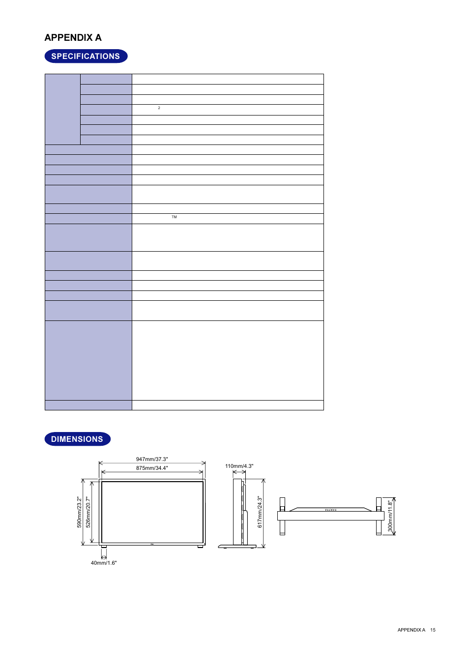 Appendix a, Specifications, Dimensions | Iiyama L400W User Manual | Page 17 / 24