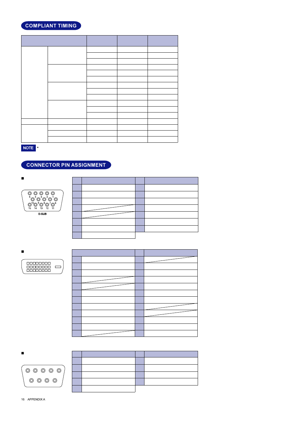 Connector pin assignment, Compliant timing | Iiyama L400W User Manual | Page 18 / 24