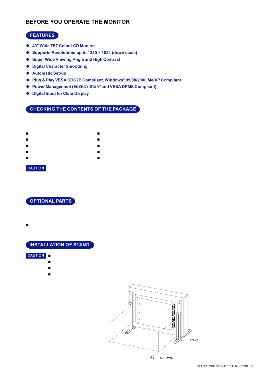 Before you operate the monitor, Features, Checking the contents of the package | Optional parts, Installation of stand | Iiyama L400W User Manual | Page 5 / 24