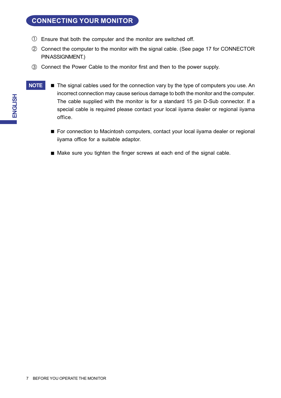 Connecting your monitor | Iiyama MA203DT D User Manual | Page 10 / 21