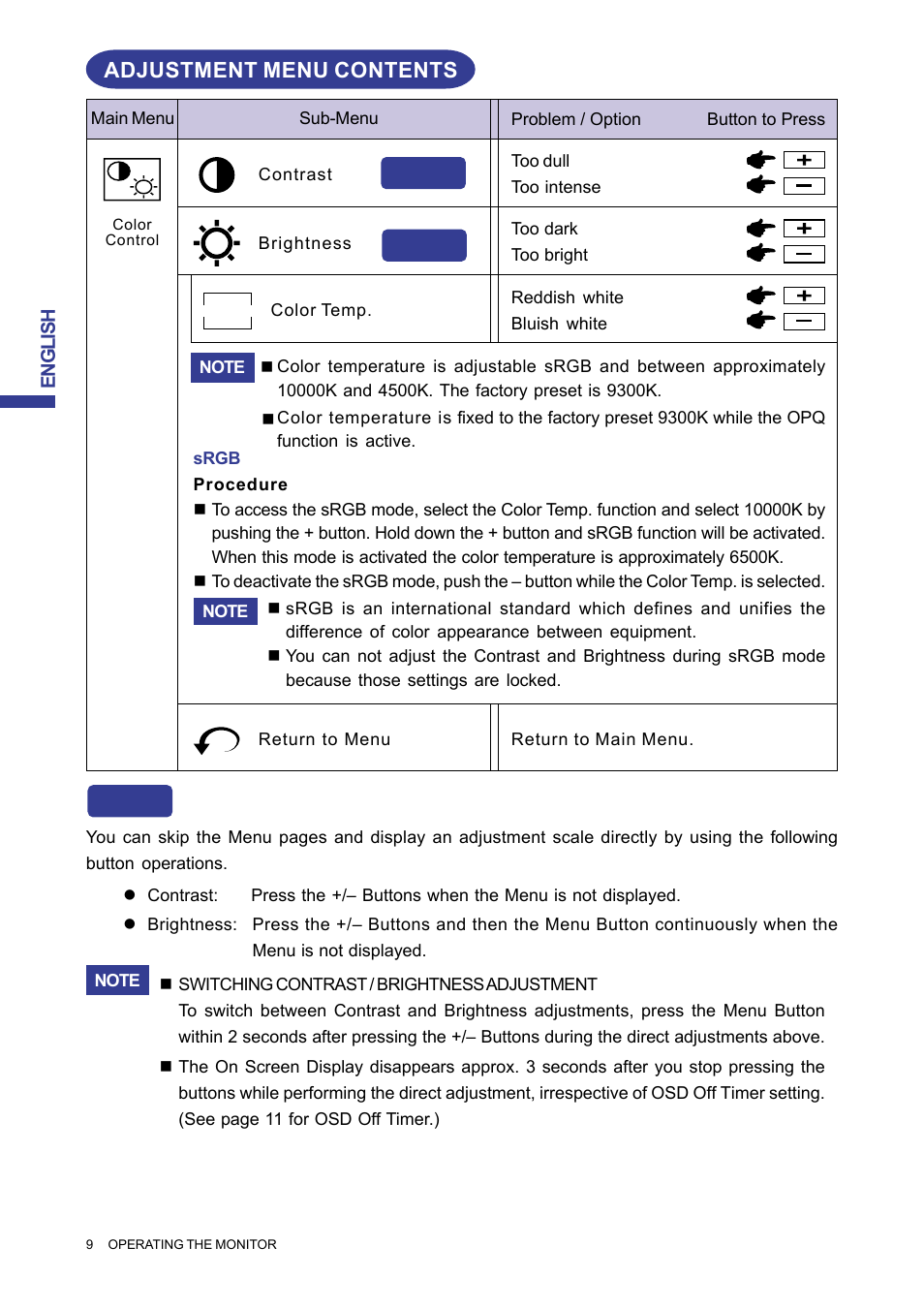 Adjustment menu contents, Direct | Iiyama MA203DT D User Manual | Page 12 / 21