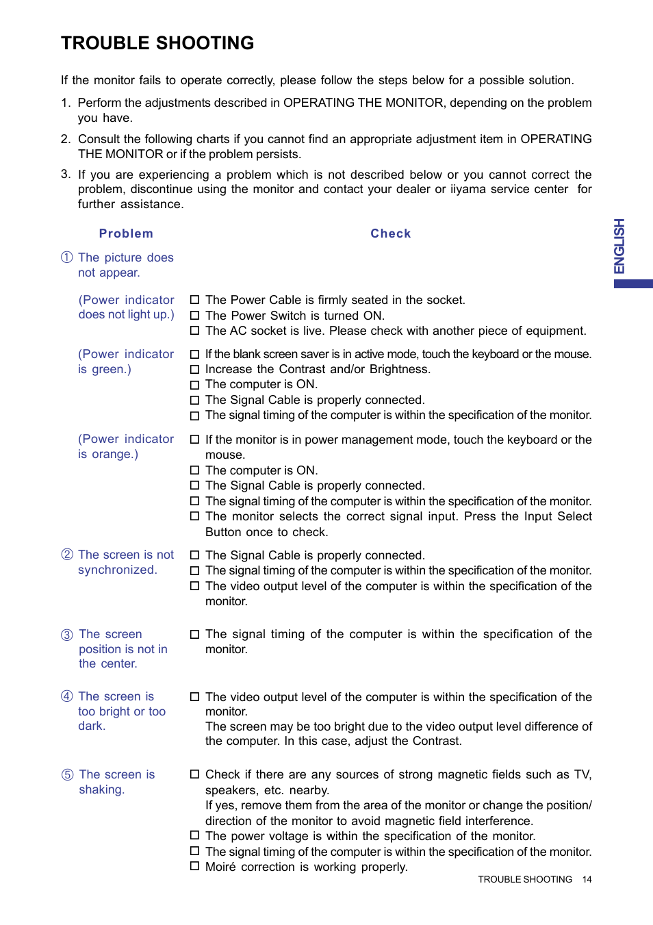 Trouble shooting | Iiyama MA203DT D User Manual | Page 17 / 21