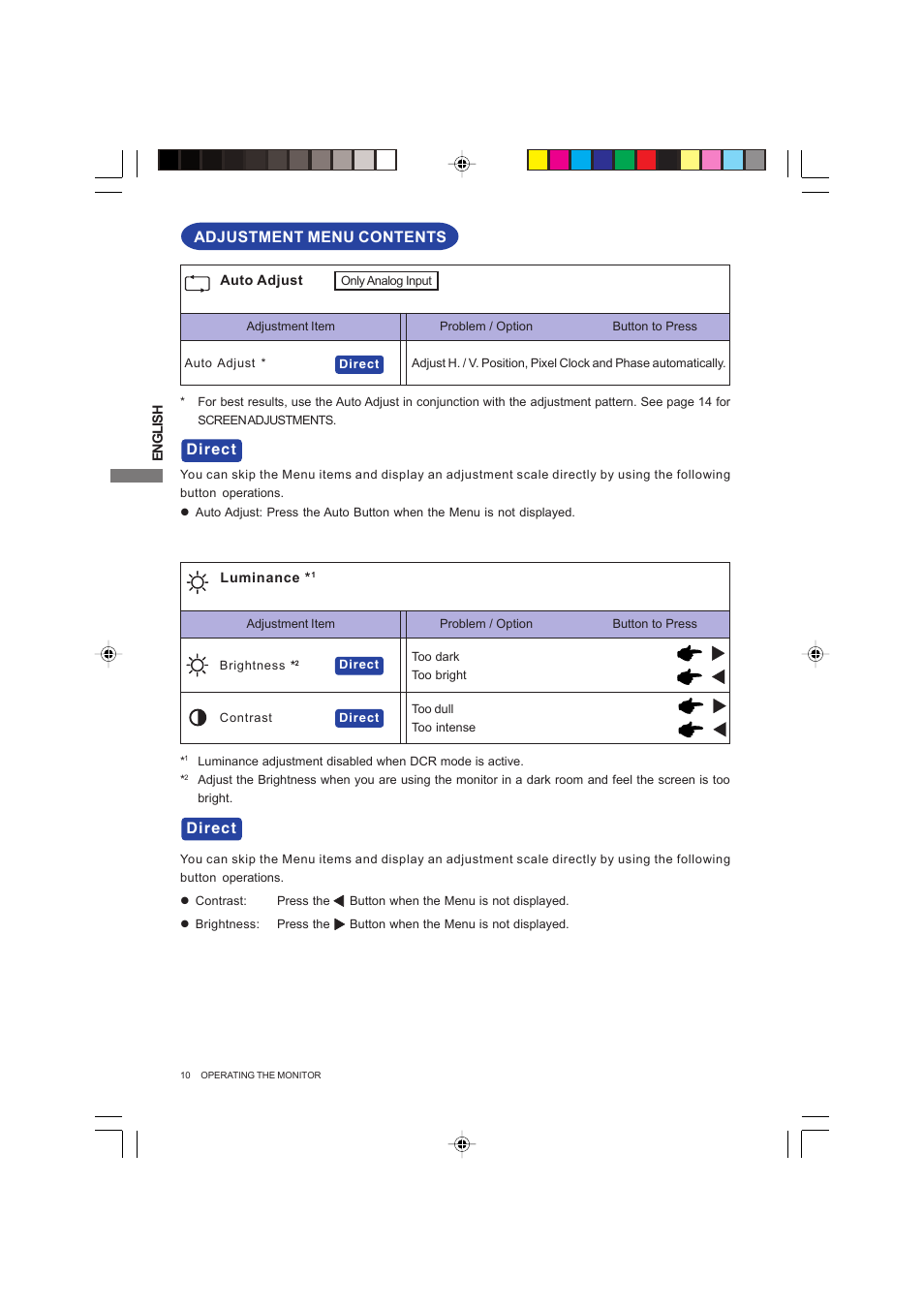 Adjustment menu contents, Direct | Iiyama PROLITE E2003WSV User Manual | Page 14 / 30
