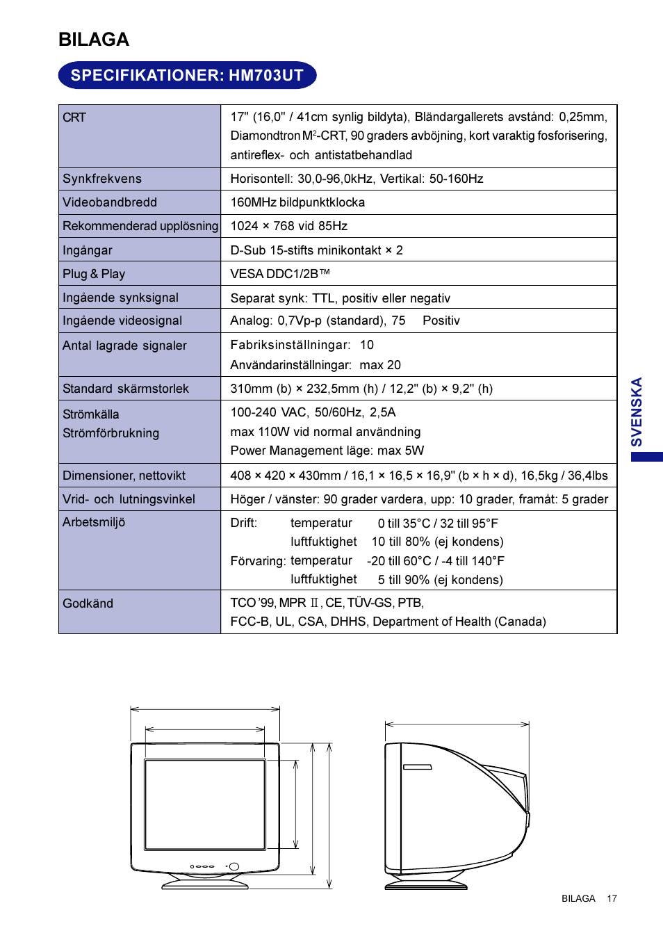 Bilaga, Specifikationer: hm703ut | Iiyama HM703UT User Manual | Page 105 / 108