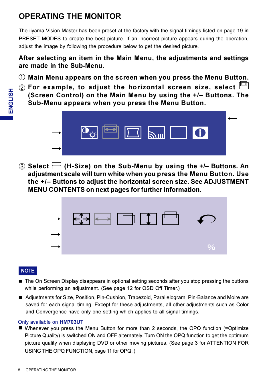 Screen control menu opq, H-size screen control, Operating the monitor | Iiyama HM703UT User Manual | Page 12 / 108