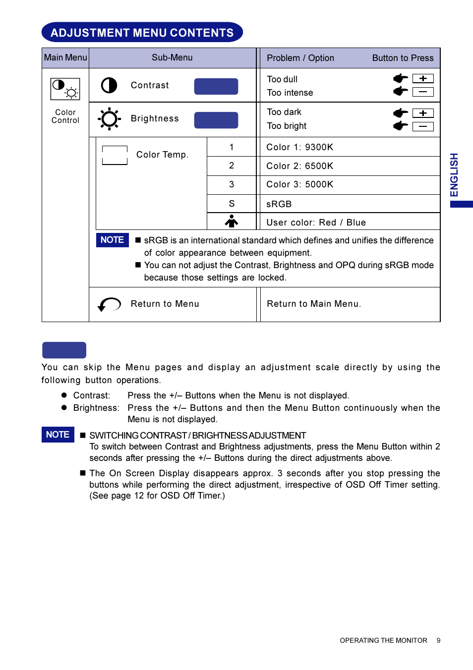 Adjustment menu contents, Direct | Iiyama HM703UT User Manual | Page 13 / 108