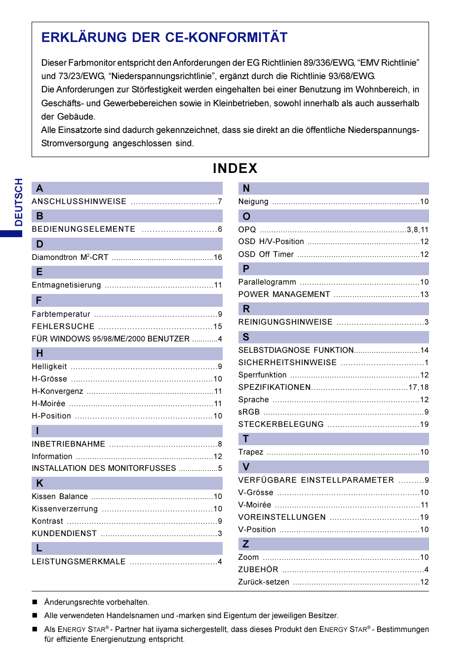 Erklärung der ce-konformität, Index, Deutsch | Iiyama HM703UT User Manual | Page 25 / 108
