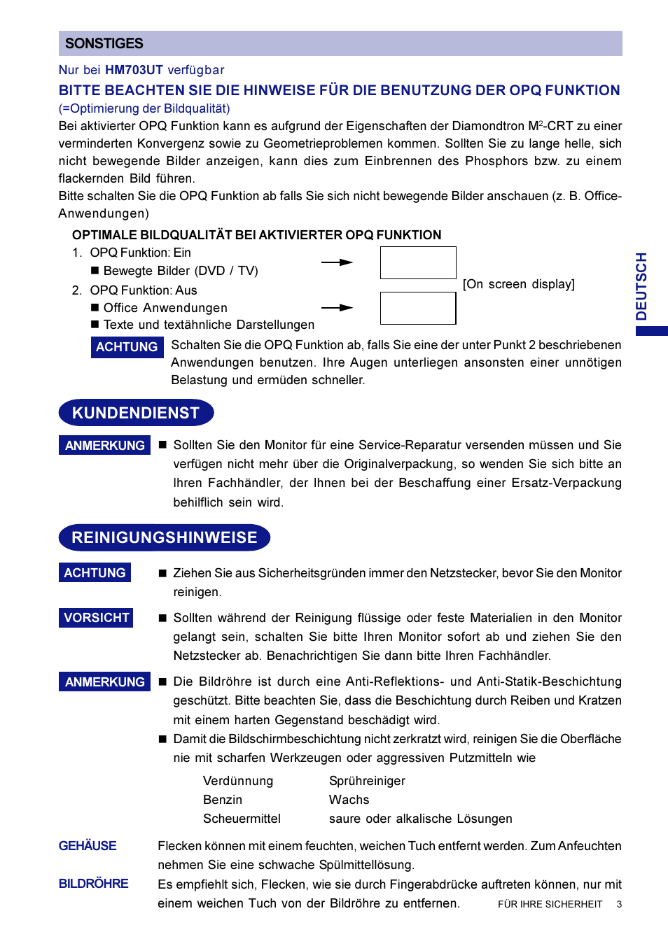 Cleaning, Kundendienst, Reinigungshinweise | Iiyama HM703UT User Manual | Page 28 / 108