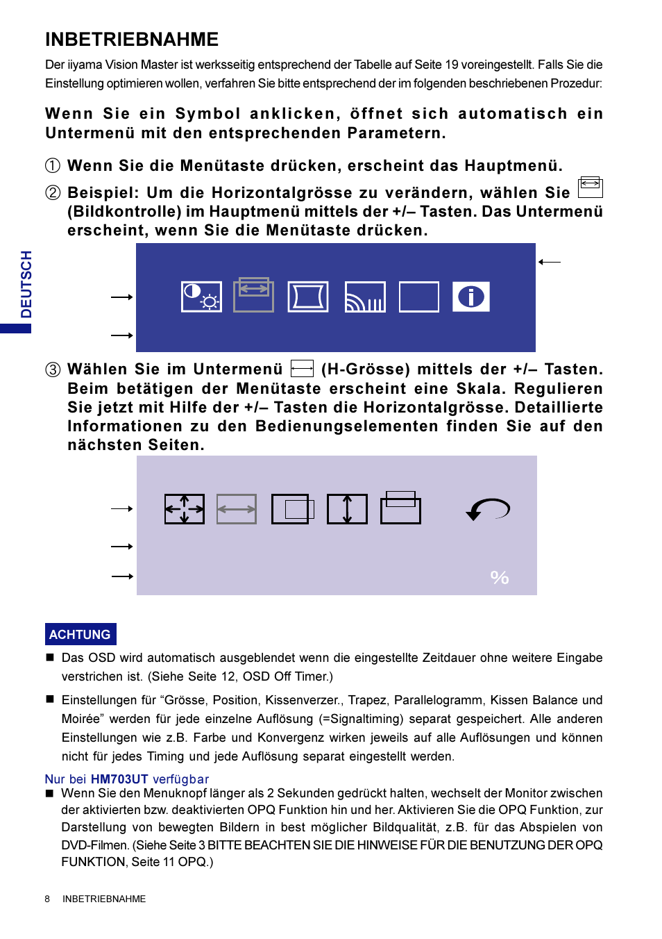 Bildkontrolle menü opq, H-grösse bildkontrolle, Inbetriebnahme | Iiyama HM703UT User Manual | Page 33 / 108