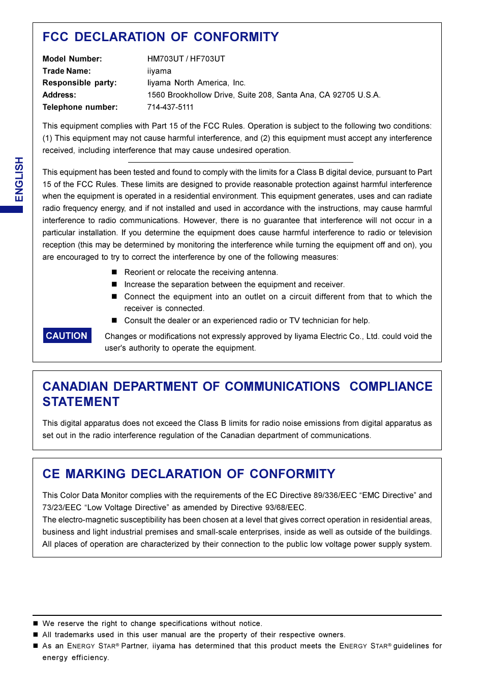 Fcc declaration of conformity, Ce marking declaration of conformity, English | Iiyama HM703UT User Manual | Page 4 / 108