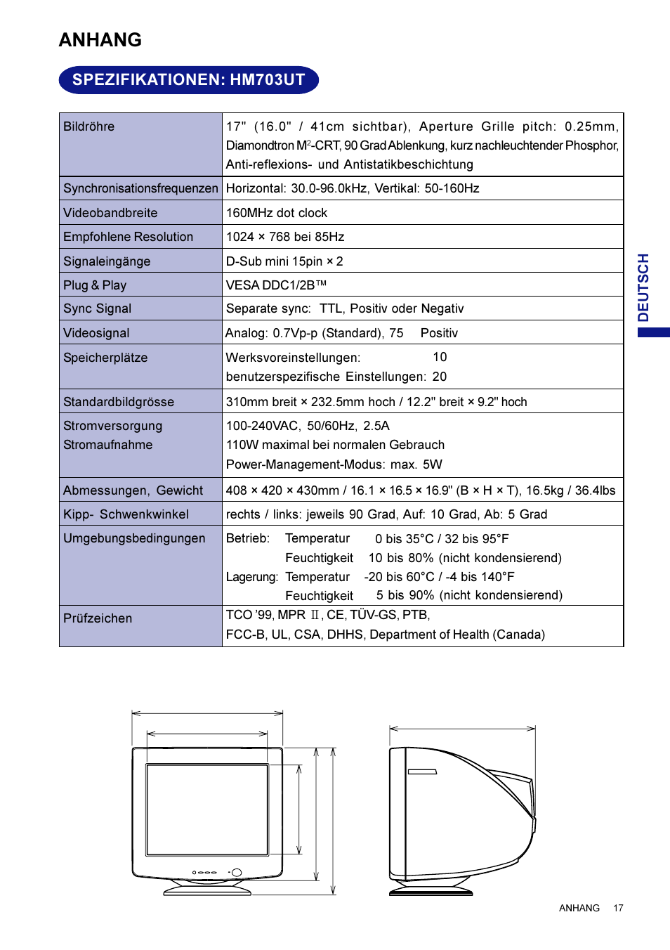 Anhang, Spezifikationen: hm703ut | Iiyama HM703UT User Manual | Page 42 / 108