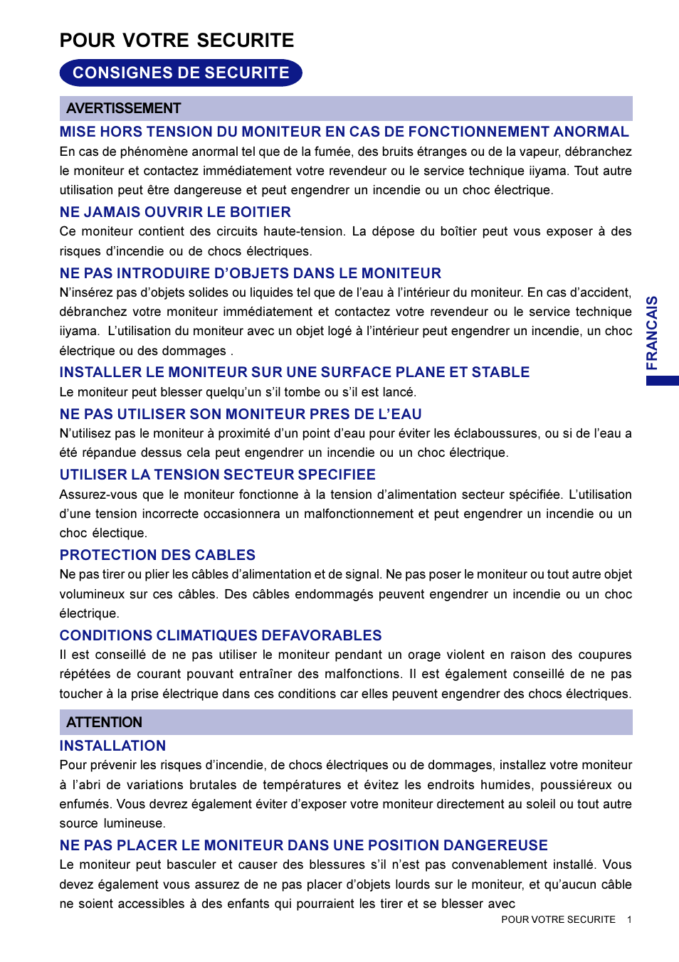 Pour votre securite | Iiyama HM703UT User Manual | Page 47 / 108