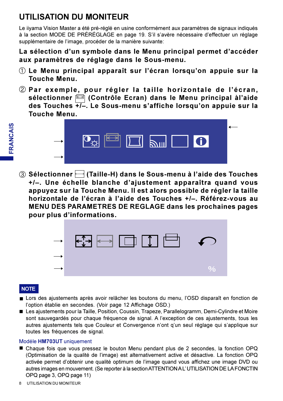 Contrôle ecran menu opq, Taille-h contrôle ecran, Utilisation du moniteur | Iiyama HM703UT User Manual | Page 54 / 108