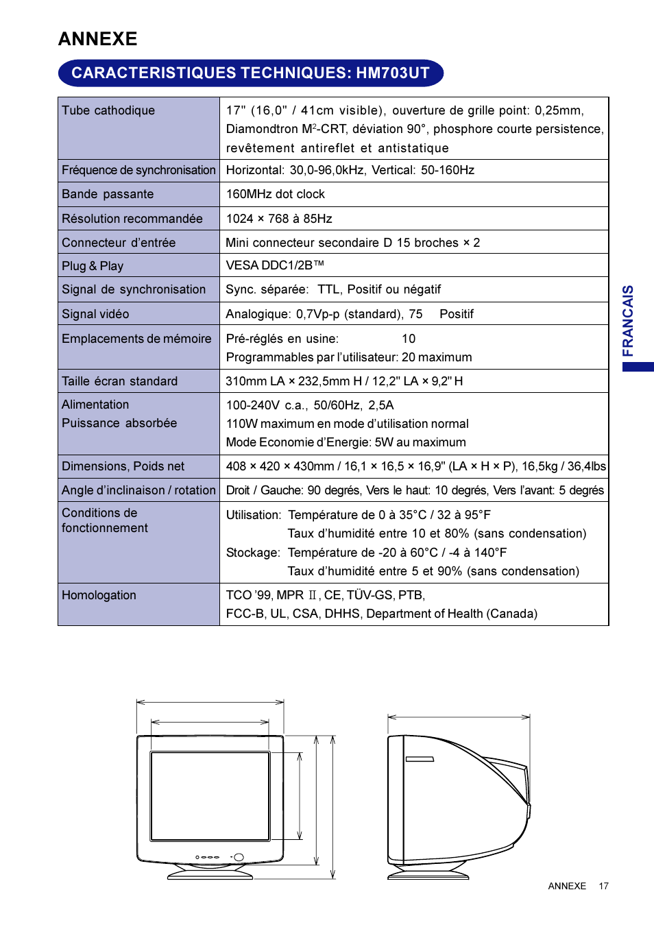 Annexe, Caracteristiques techniques: hm703ut | Iiyama HM703UT User Manual | Page 63 / 108