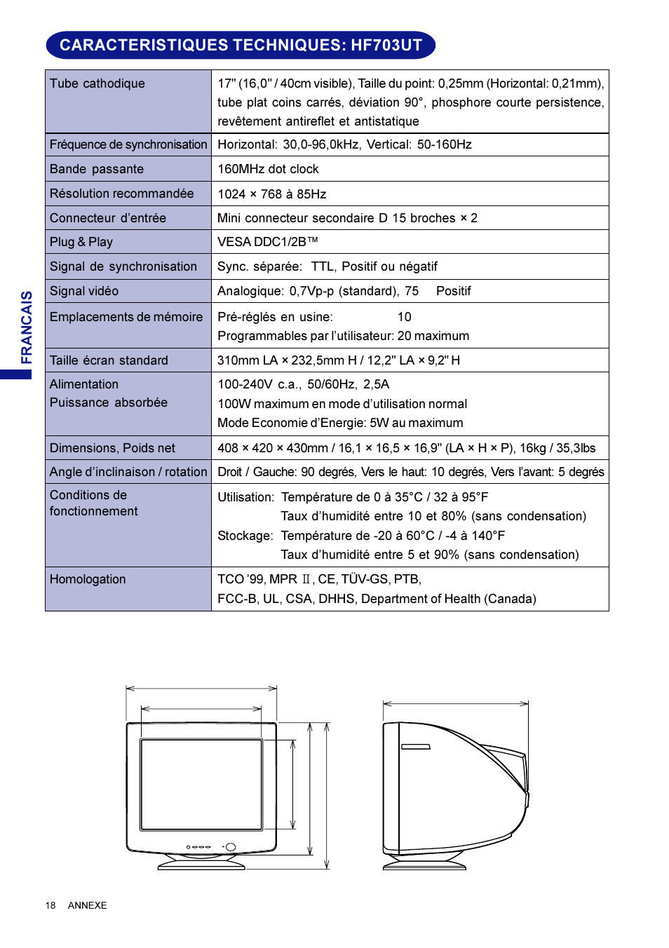 Caracteristiques techniques: hf703ut | Iiyama HM703UT User Manual | Page 64 / 108