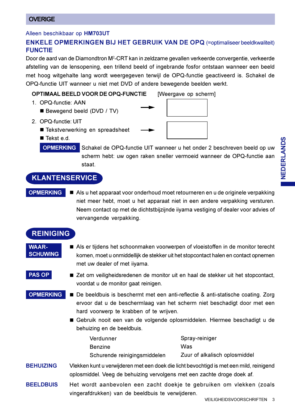 Klantenservice, Reiniging | Iiyama HM703UT User Manual | Page 70 / 108