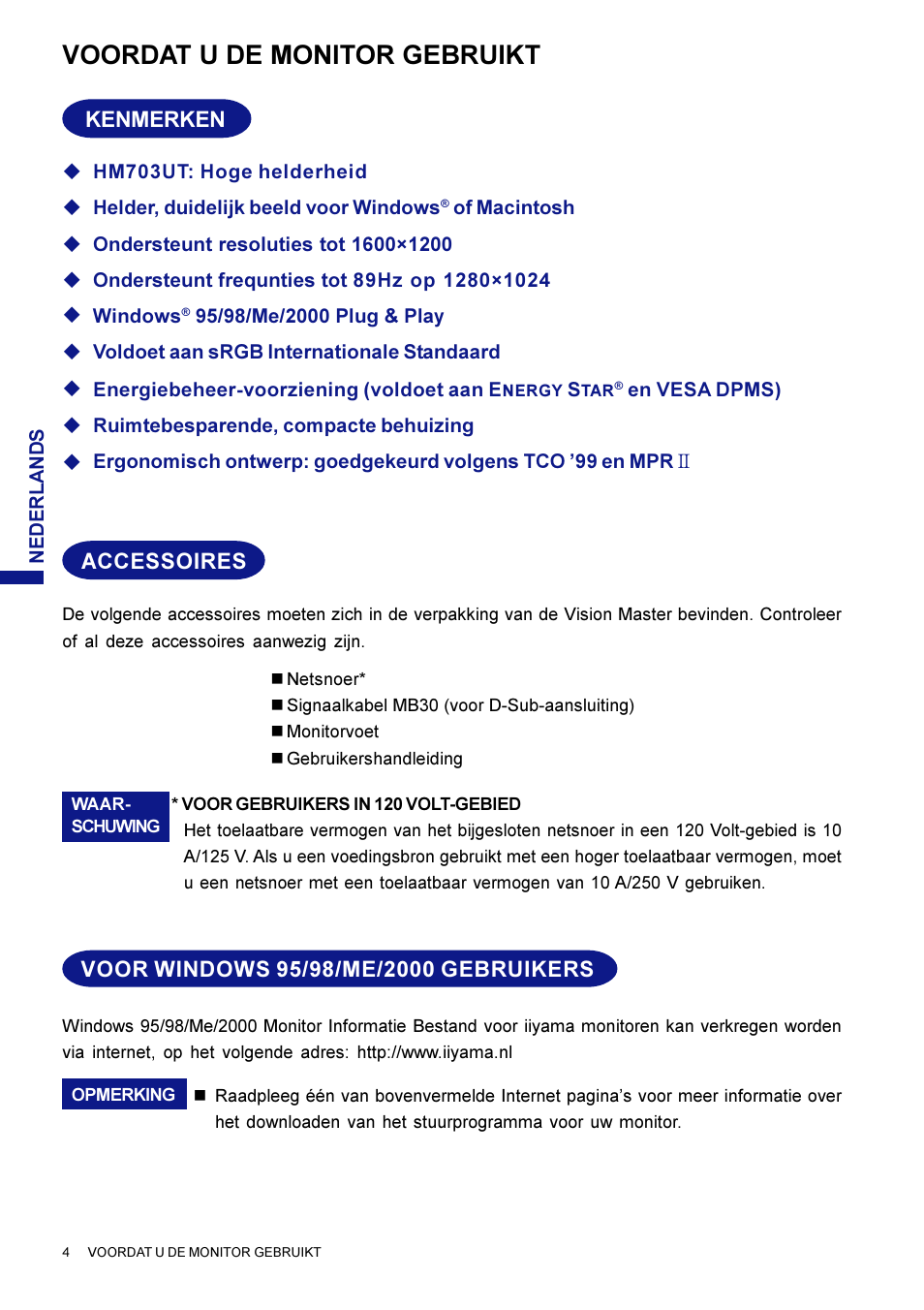 Voordat u de monitor gebruikt | Iiyama HM703UT User Manual | Page 71 / 108