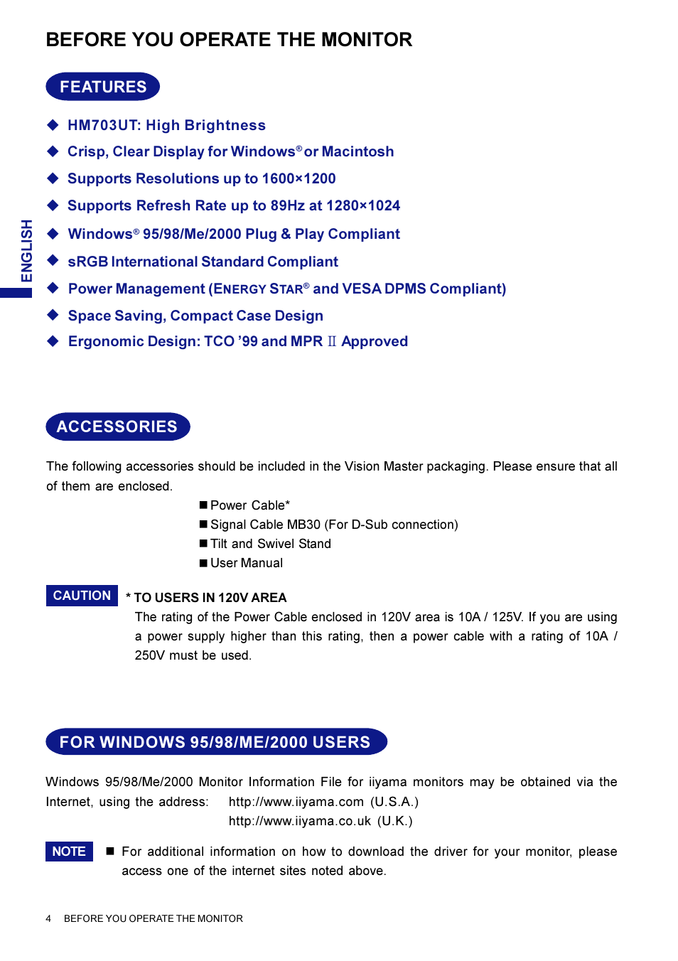 Before you operate the monitor | Iiyama HM703UT User Manual | Page 8 / 108