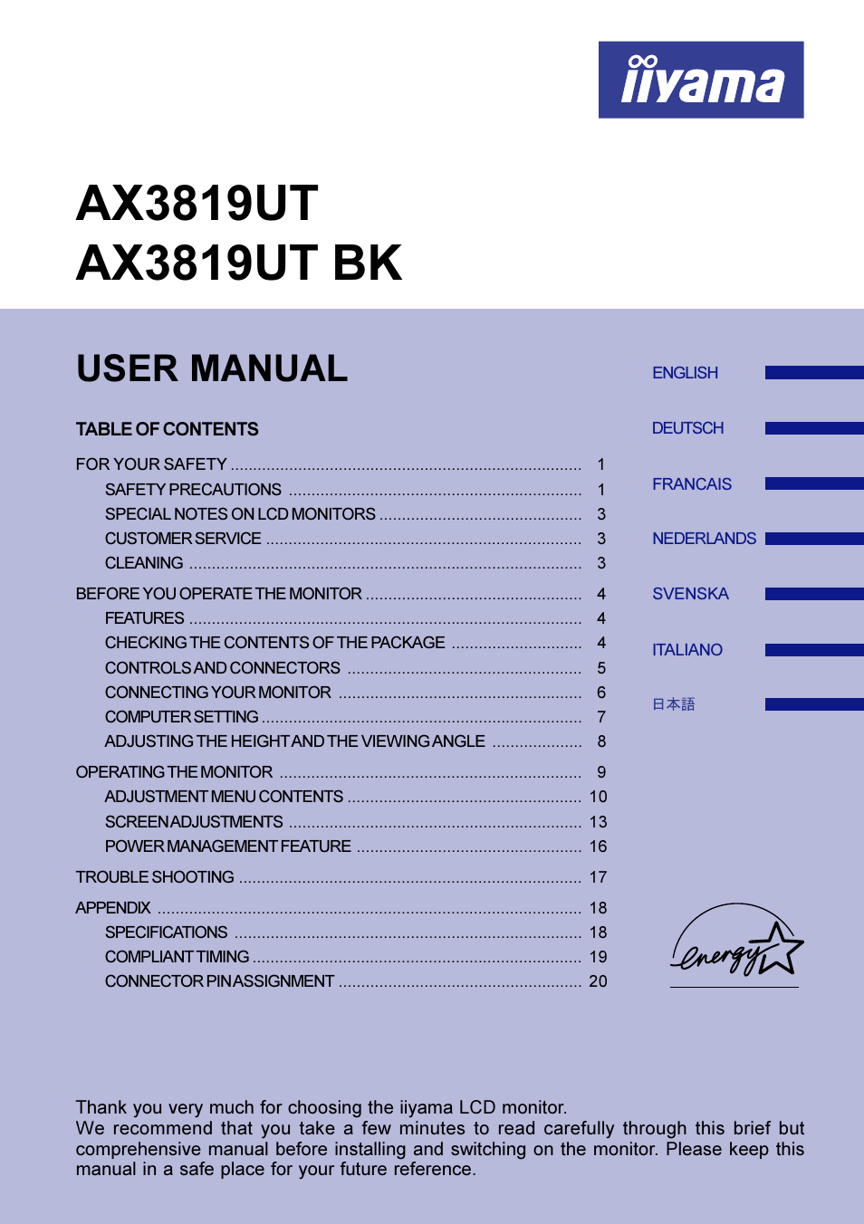 Iiyama AX3819UT BK User Manual | 136 pages