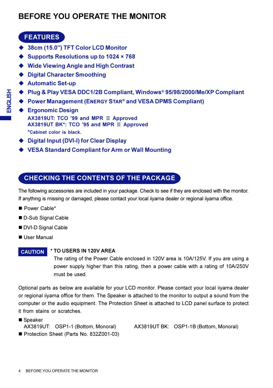 Before you operate the monitor, Features, Checking the contents of the package | Iiyama AX3819UT BK User Manual | Page 10 / 136