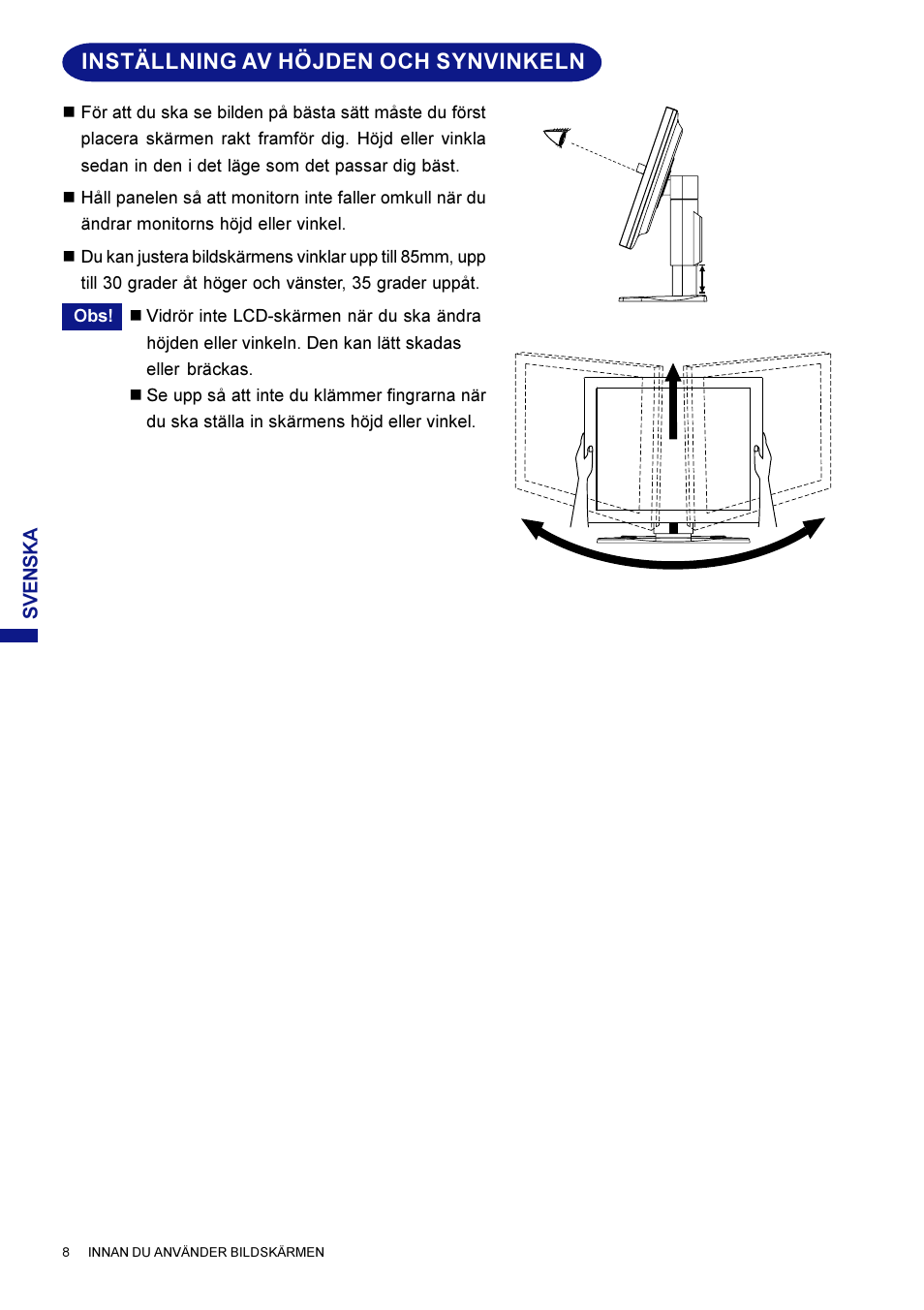 Inställning av höjden och synvinkeln | Iiyama AX3819UT BK User Manual | Page 102 / 136