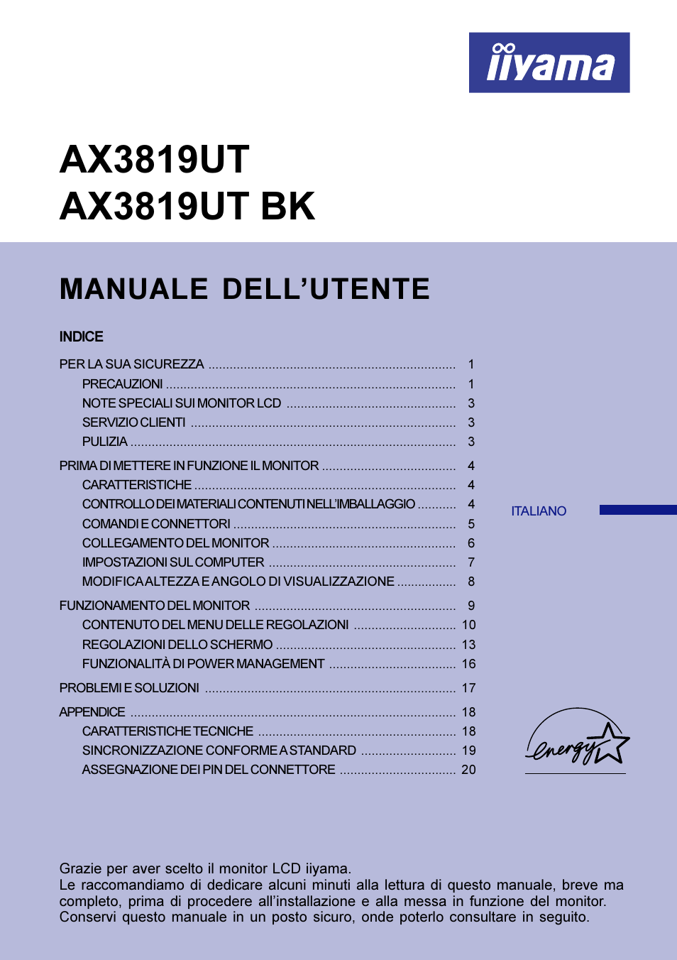 Italiano, Manuale dell’utente | Iiyama AX3819UT BK User Manual | Page 115 / 136