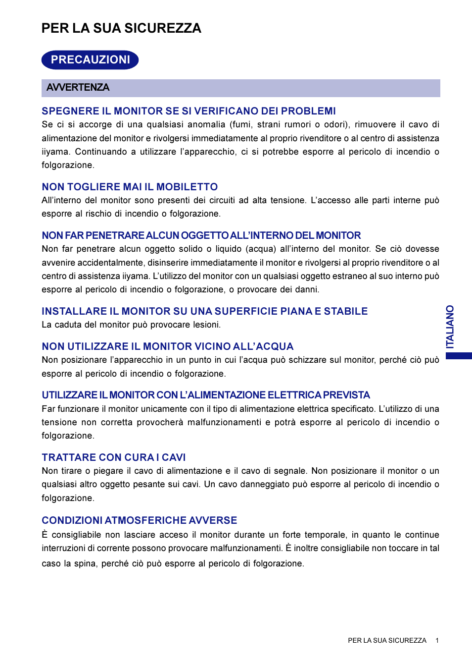 Per la sua sicurezza | Iiyama AX3819UT BK User Manual | Page 117 / 136