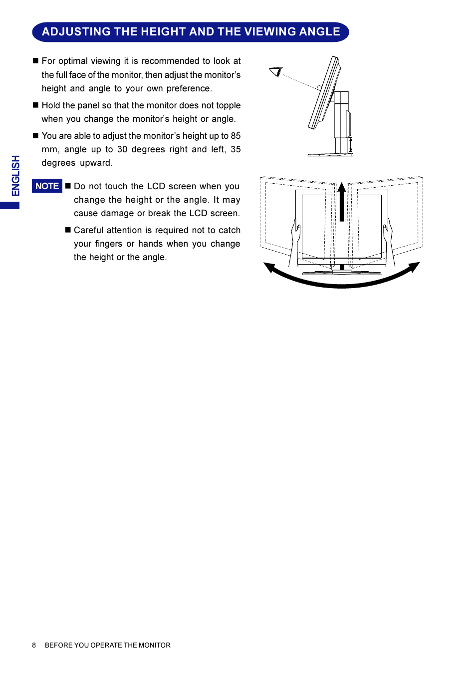 Adjusting the height and the viewing angle | Iiyama AX3819UT BK User Manual | Page 14 / 136
