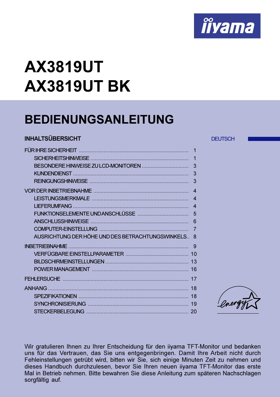 Deutsch, Bedienungsanleitung | Iiyama AX3819UT BK User Manual | Page 27 / 136