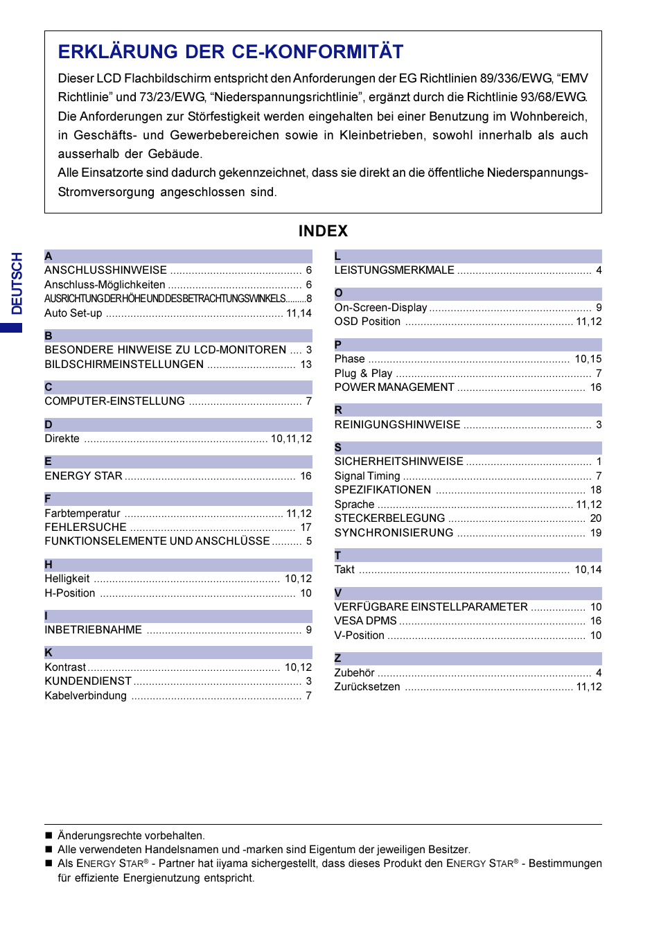 Erklärung der ce-konformität, Index, Deutsch | Iiyama AX3819UT BK User Manual | Page 28 / 136