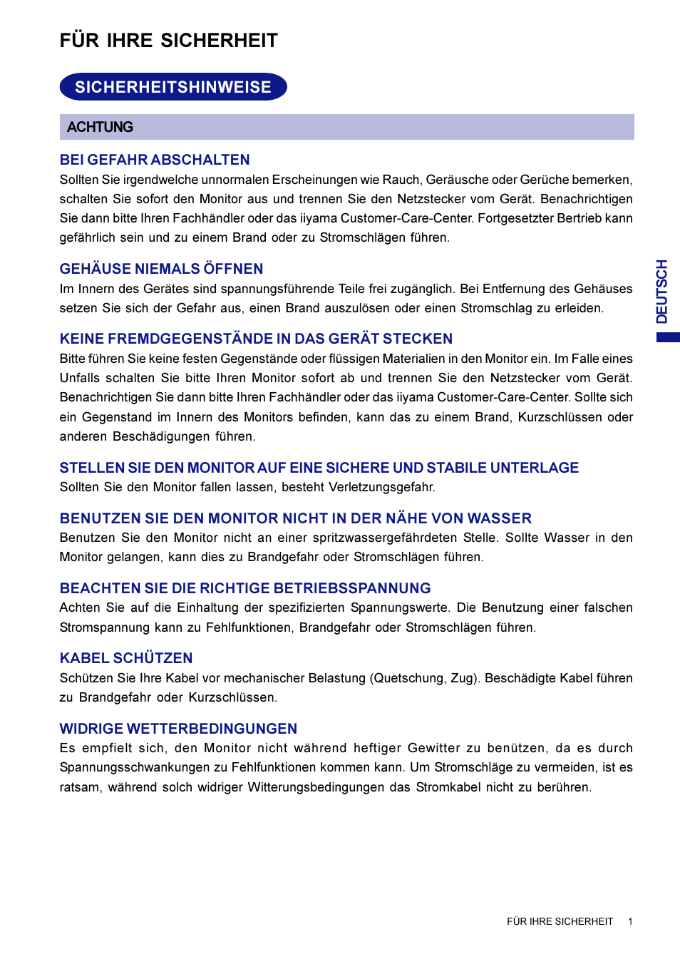 Für ihre sicherheit | Iiyama AX3819UT BK User Manual | Page 29 / 136