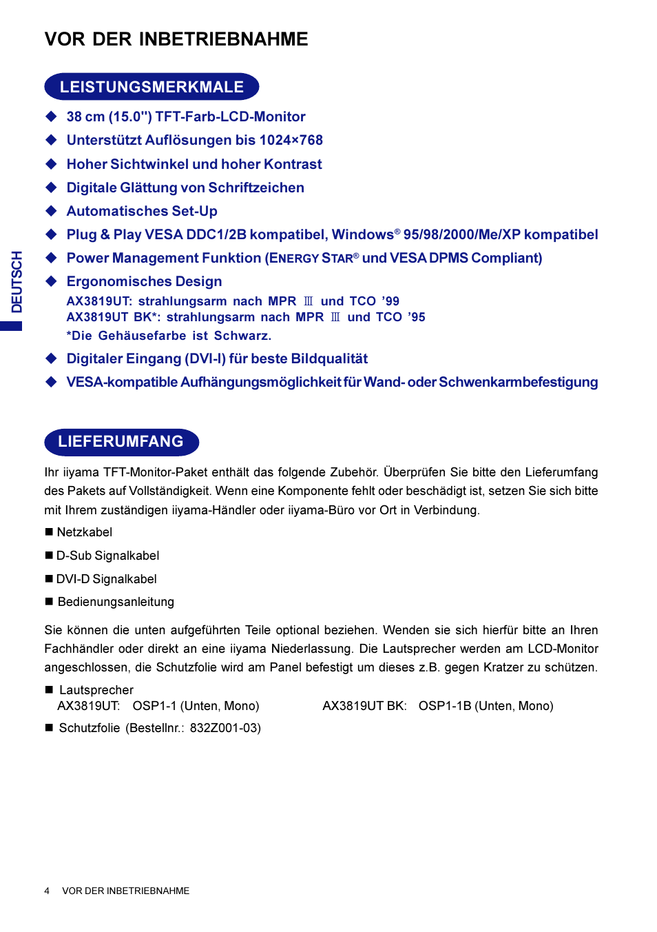 Vor der inbetriebnahme, Lieferumfang, Leistungsmerkmale | Iiyama AX3819UT BK User Manual | Page 32 / 136