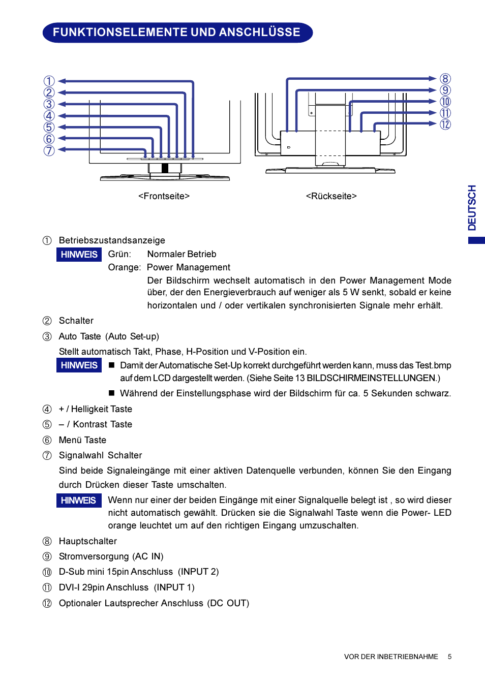 Funktionselemente und anschlüsse | Iiyama AX3819UT BK User Manual | Page 33 / 136