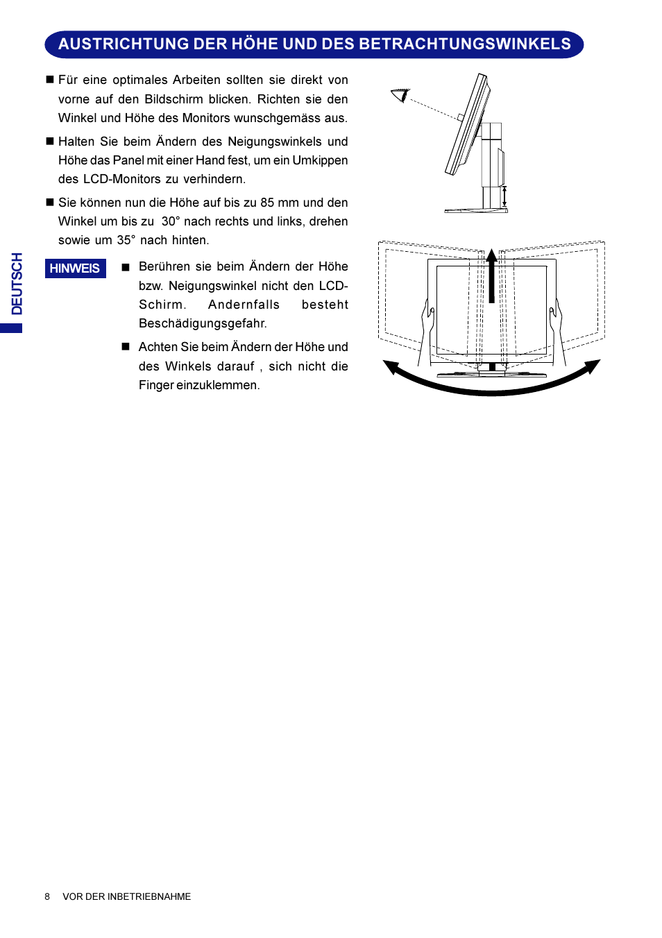 Austrichtung der höhe und des betrachtungswinkels | Iiyama AX3819UT BK User Manual | Page 36 / 136