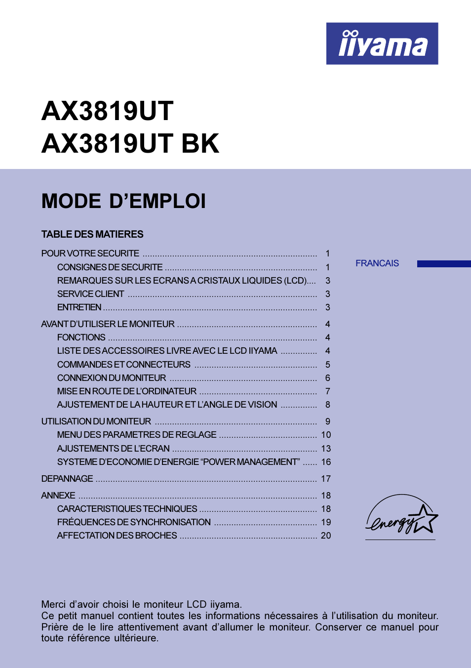 Francais, Mode d’emploi | Iiyama AX3819UT BK User Manual | Page 49 / 136