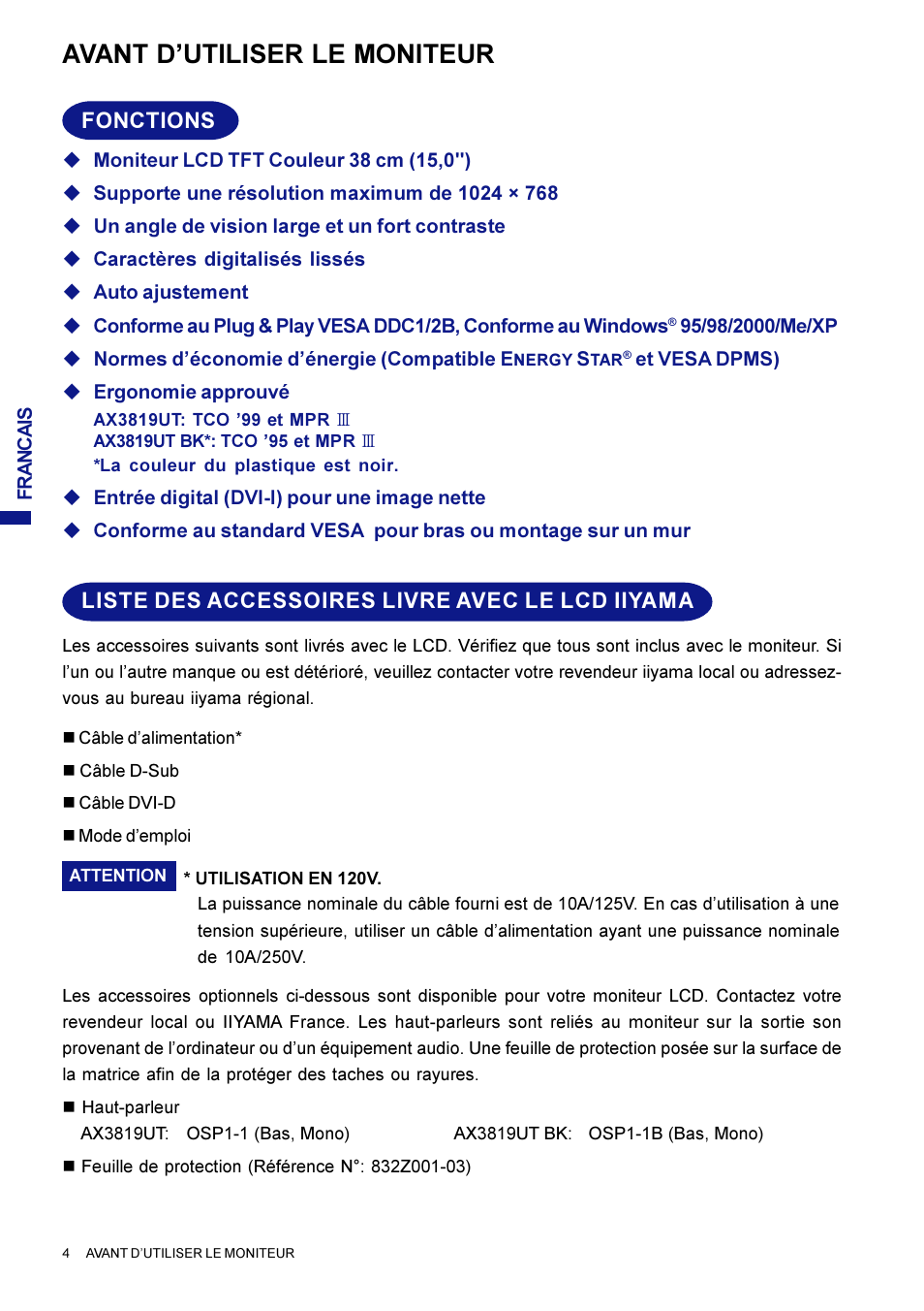 Avant d’utiliser le moniteur, Fonctions, Liste des accessoires livre avec le lcd iiyama | Iiyama AX3819UT BK User Manual | Page 54 / 136
